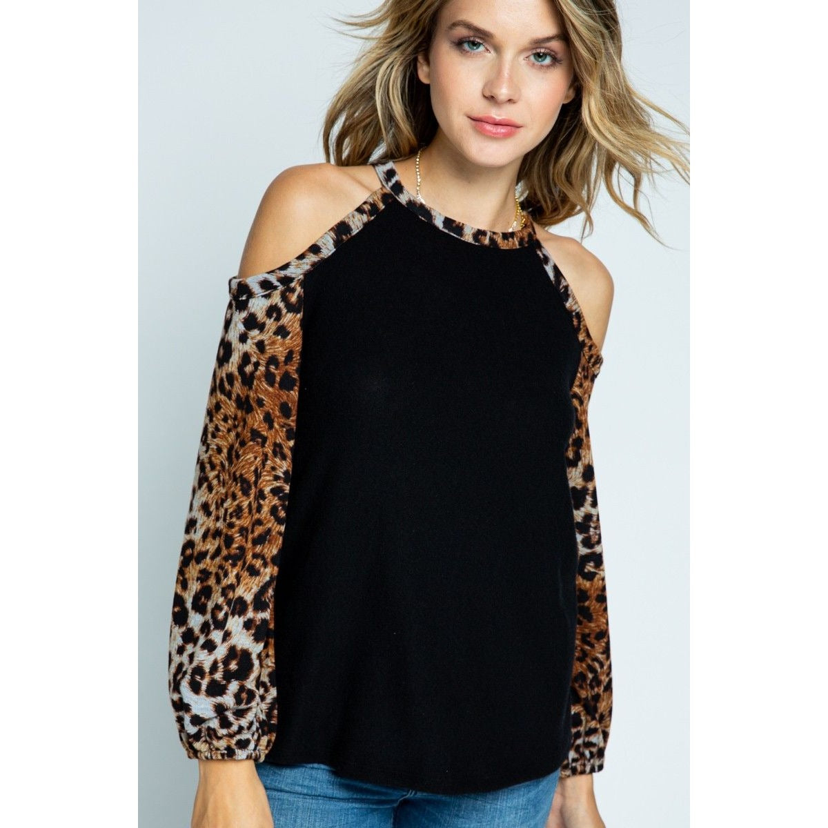 ANIMAL PRINT COLD SHOULDER LONG SLEEVE KNIT TOP