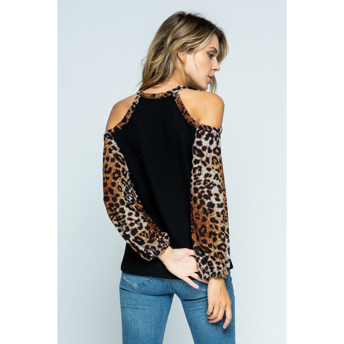 ANIMAL PRINT COLD SHOULDER LONG SLEEVE KNIT TOP