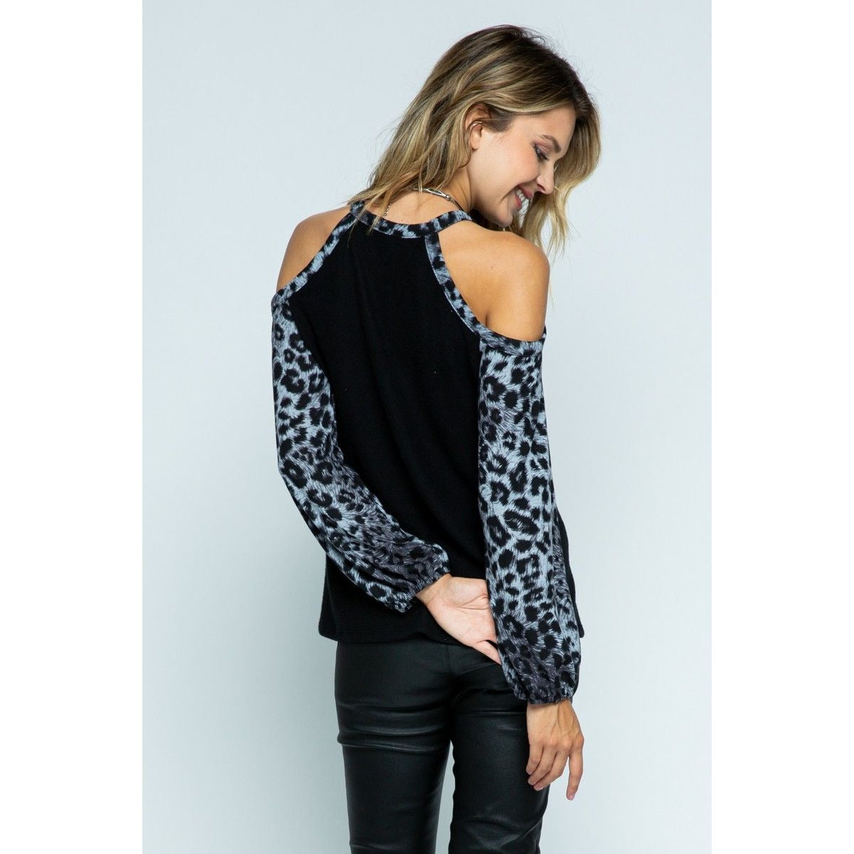 ANIMAL PRINT COLD SHOULDER LONG SLEEVE KNIT TOP