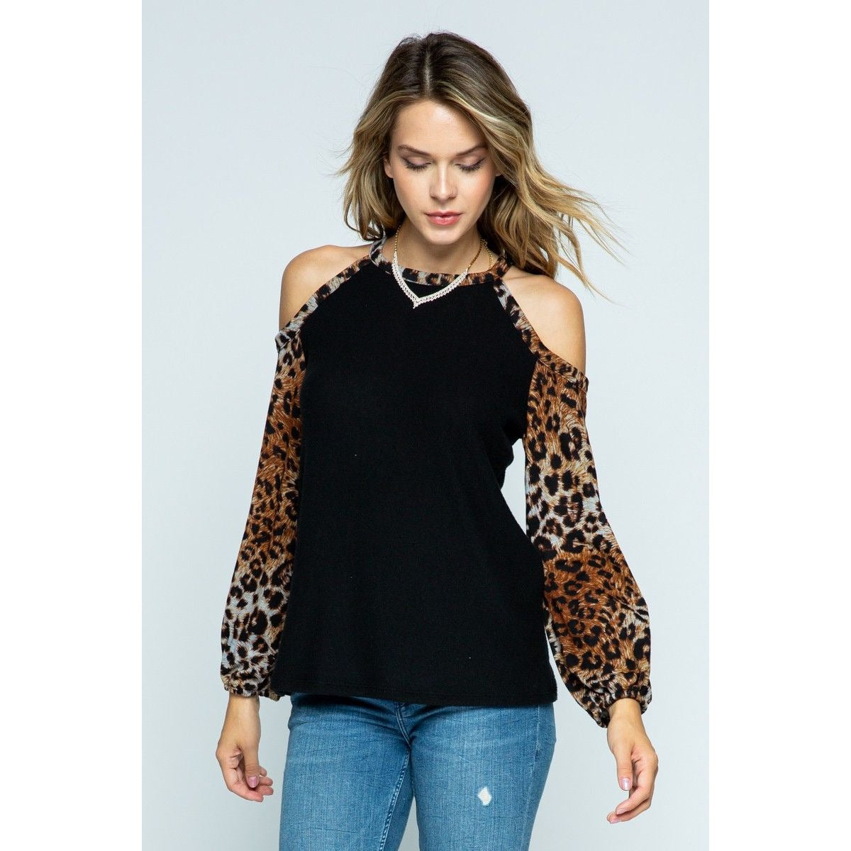 ANIMAL PRINT COLD SHOULDER LONG SLEEVE KNIT TOP