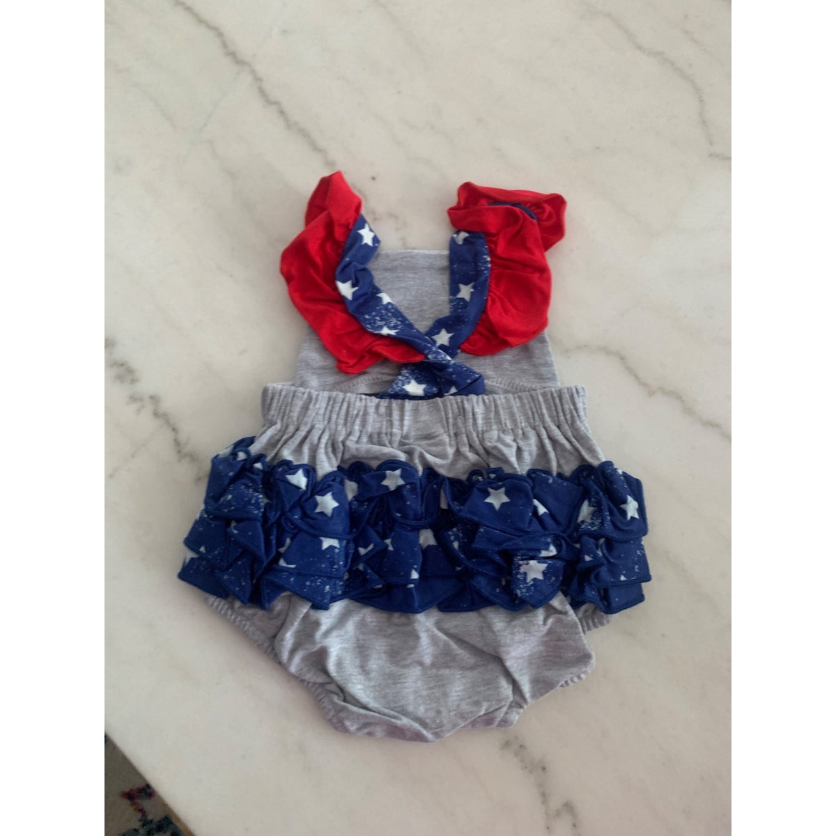 Patriotic Baby Romper With Ruffled Star Spangled Bottoms & Red Straps