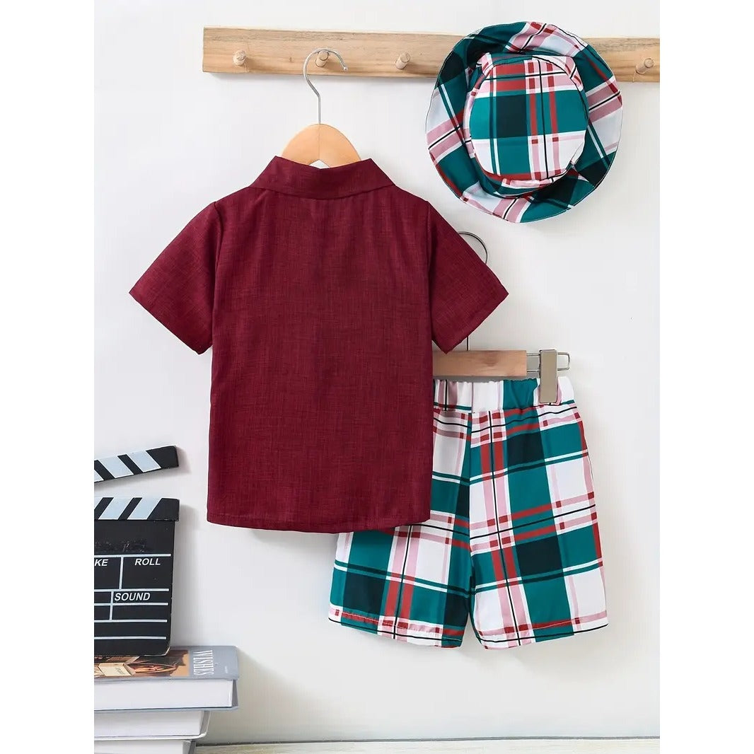 Baby's Plaid Pattern Summer Casual Outfit, Short Sleeve Golf Shirt & Shorts, Toddler & Infant Boy's Clothes, Outdoor