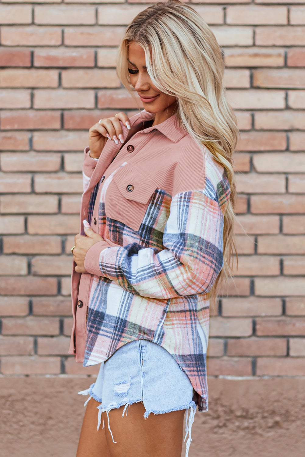 Cinnamon Plaid Corduroy Patchwork Pocket Loose Shacket