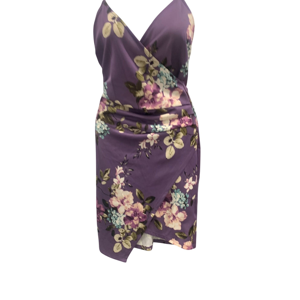 Purple Floral Wrap Dress With Spaghetti Straps & Stretchy Fit - S/M/L
