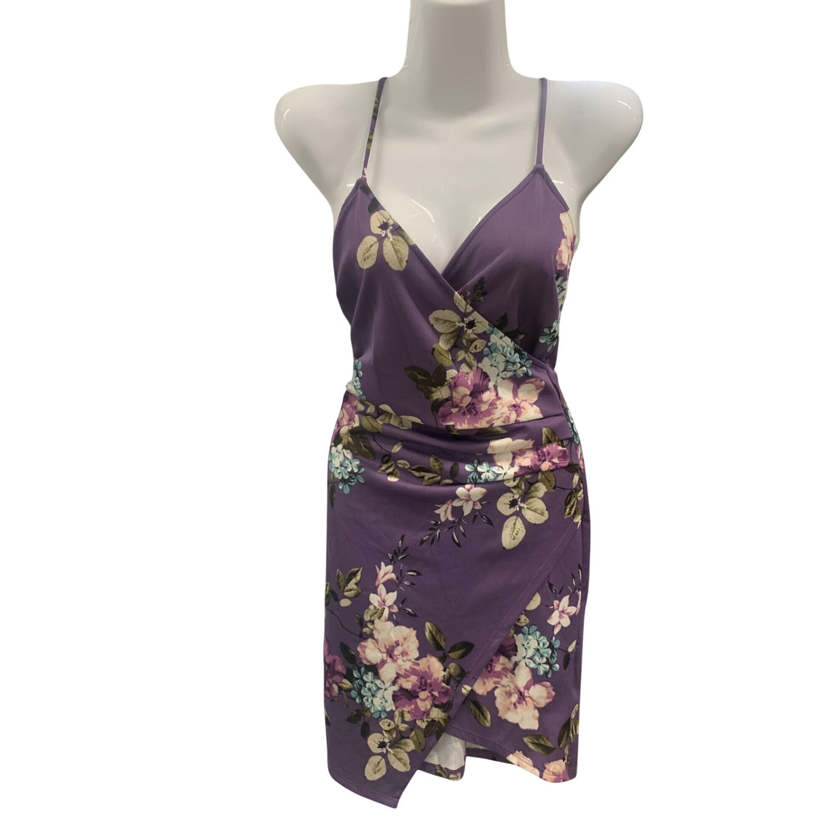 Purple Floral Wrap Dress With Spaghetti Straps & Stretchy Fit - S/M/L