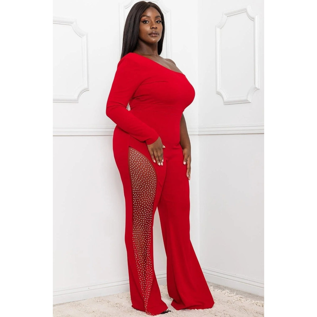 RHINESTONE ON MESH ONE SHOULDER PLUS SIZE JUMPSUIT