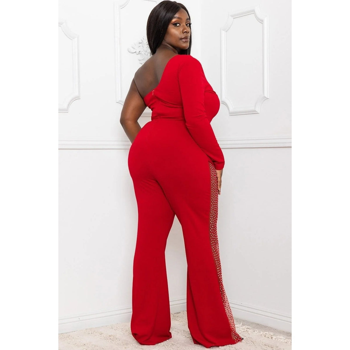 RHINESTONE ON MESH ONE SHOULDER PLUS SIZE JUMPSUIT