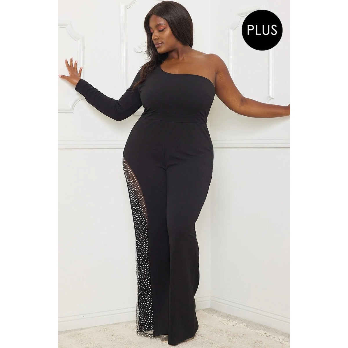 RHINESTONE ON MESH ONE SHOULDER PLUS SIZE JUMPSUIT