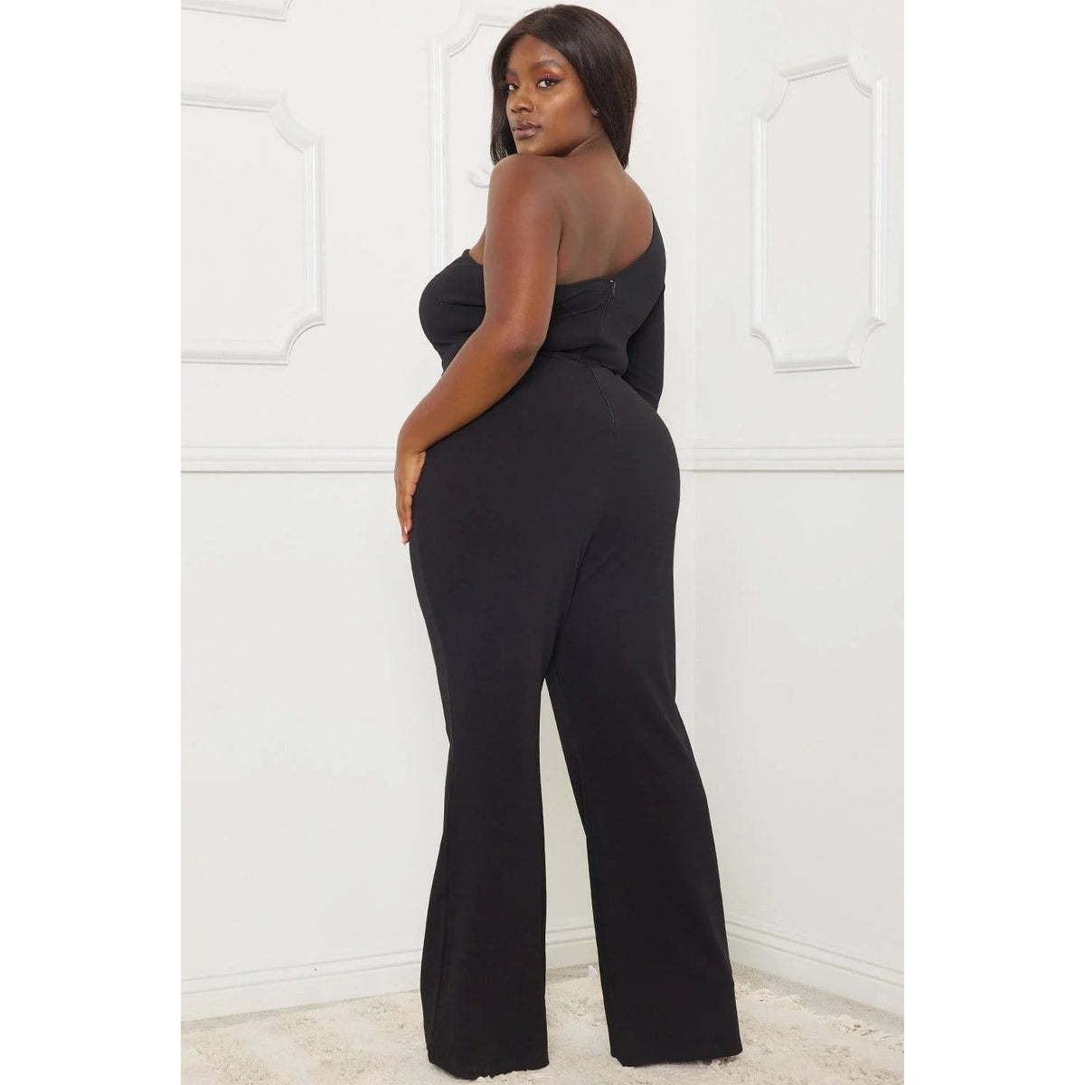 RHINESTONE ON MESH ONE SHOULDER PLUS SIZE JUMPSUIT