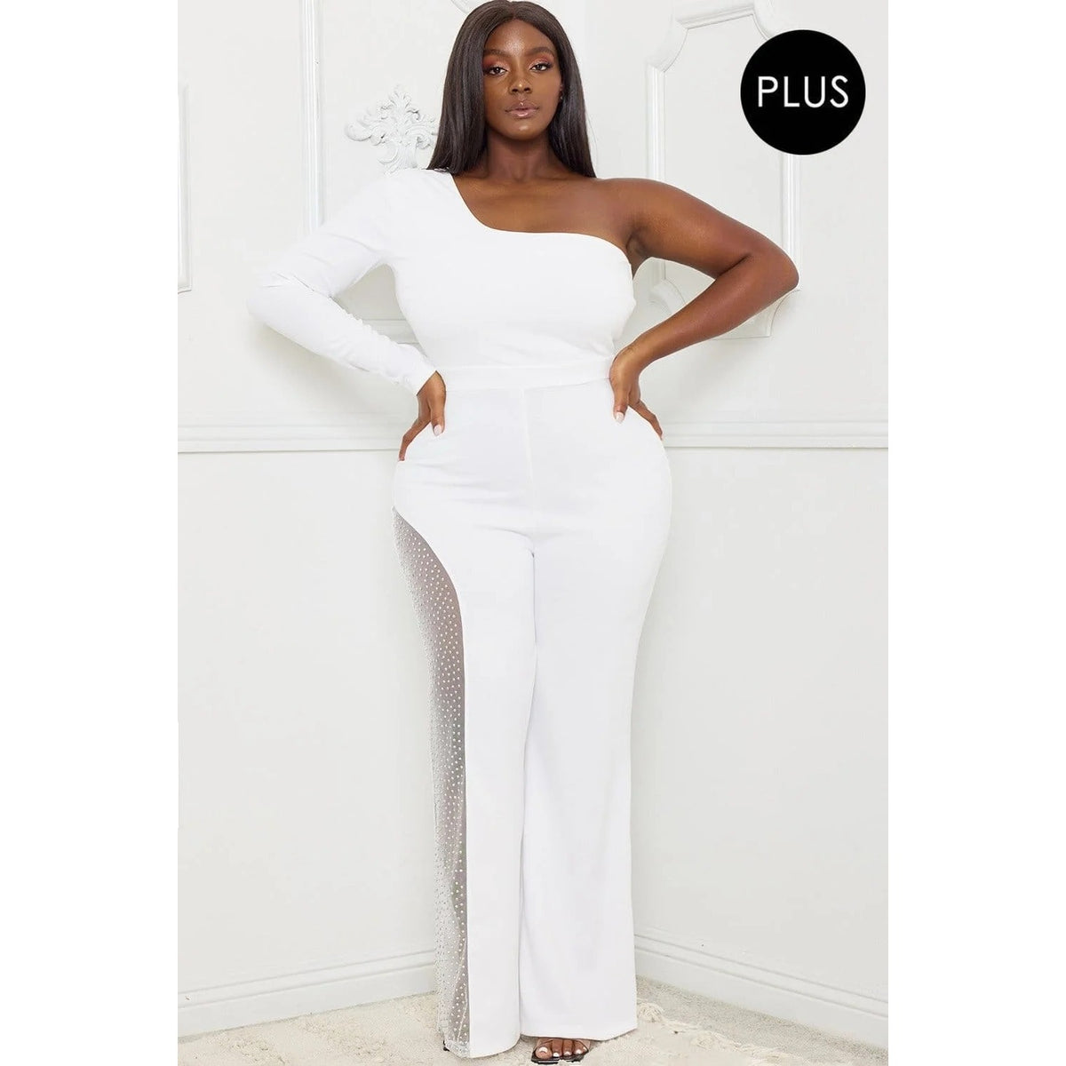 RHINESTONE ON MESH ONE SHOULDER PLUS SIZE JUMPSUIT