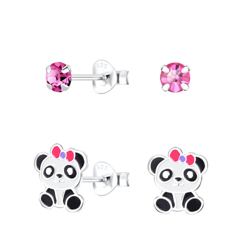 Silver Panda Stud Earrings Set