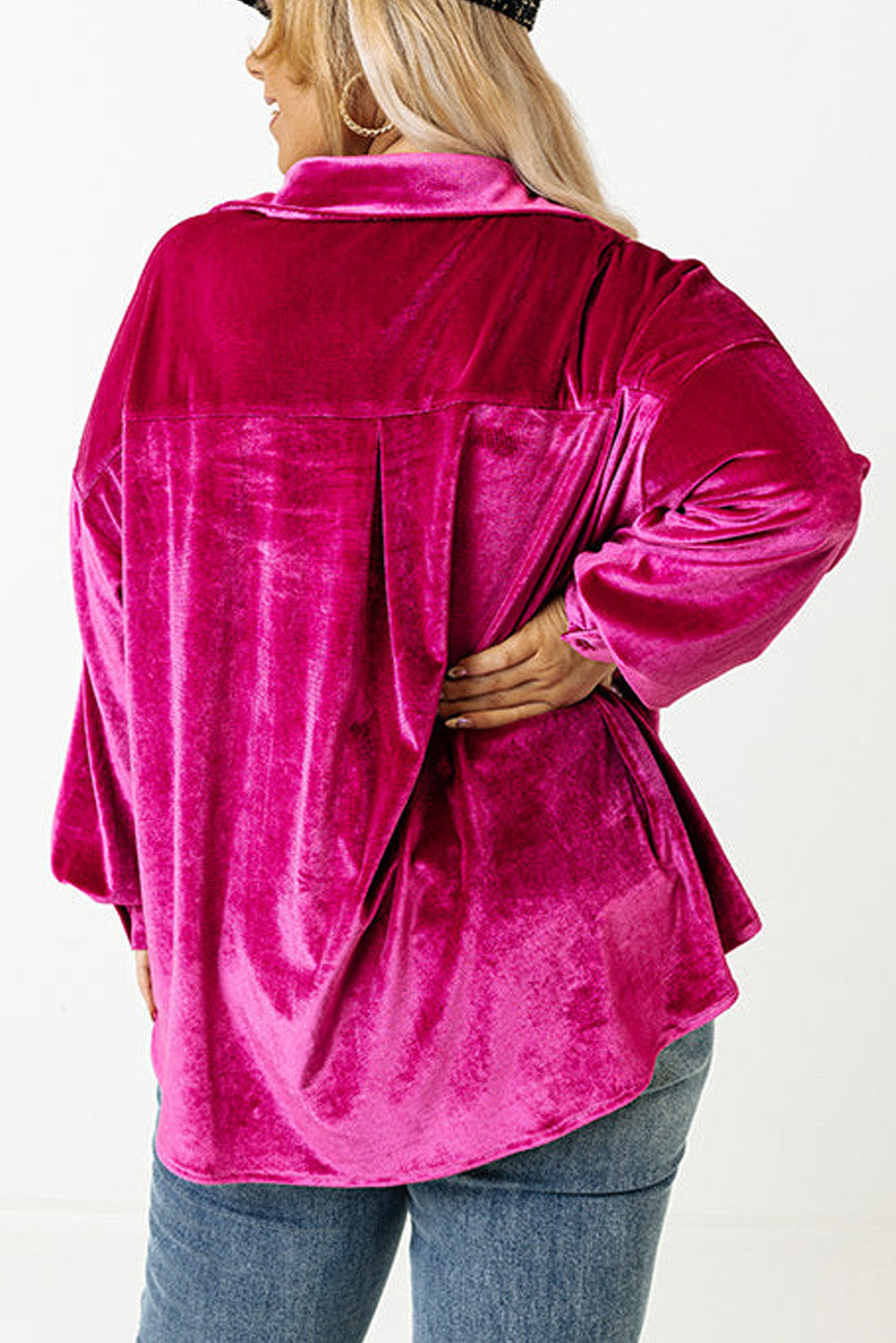 Bright Pink Plus Size Velvet Chest Pocket Drop Shoulder Shirt