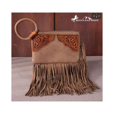 Montana West Floral Tooled Fringe Ring Handle Wristlet Clutch Bag