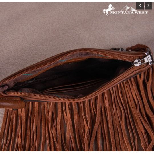 Montana West Floral Tooled Fringe Ring Handle Wristlet Clutch Bag