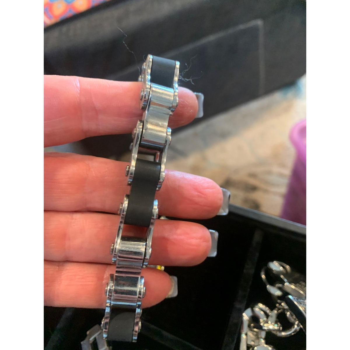 Mens Stainless Steel & Black Rubber Link Bracelet