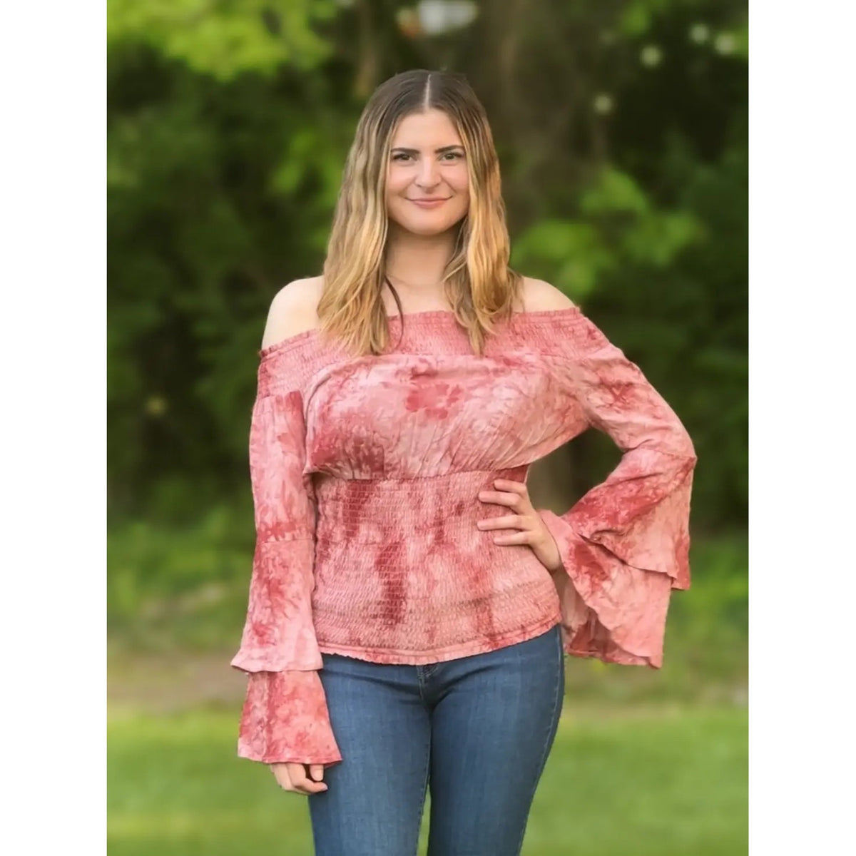 Tie-dye. off-shoulder top flare sleeves with smocking neck & waist