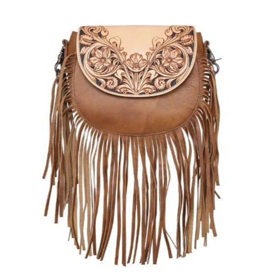 Montana West 100% Genuine Leather Hand Tooled Fringe Saddle Bag