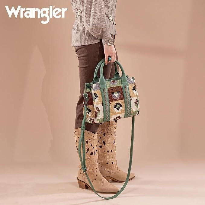 WG166G-81203S Wrangler Southwestern Pattern Dual Sided Print-Tote/Crossbody -GREEN