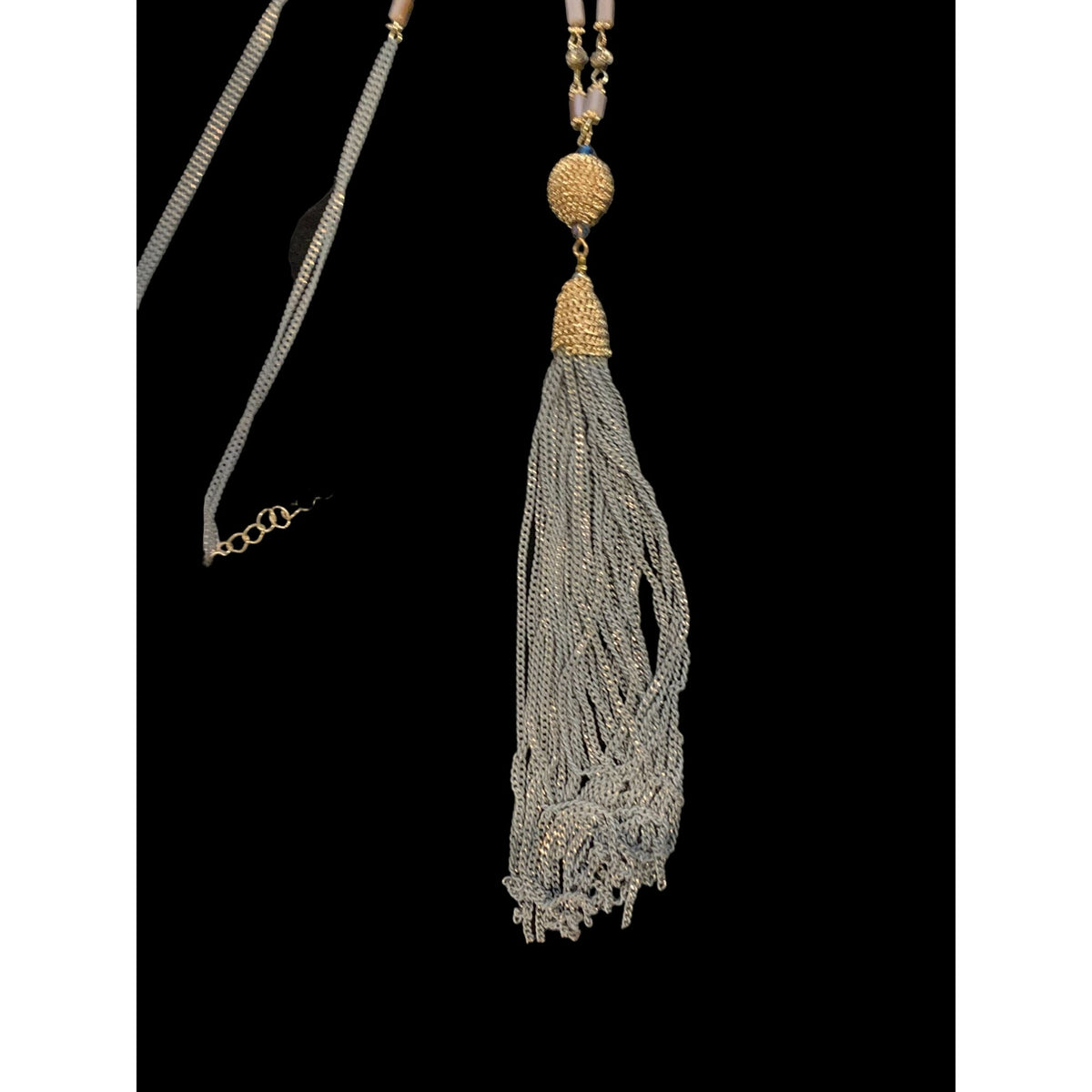 Long Beaded Chain with tassel in grey gold and mixed beads