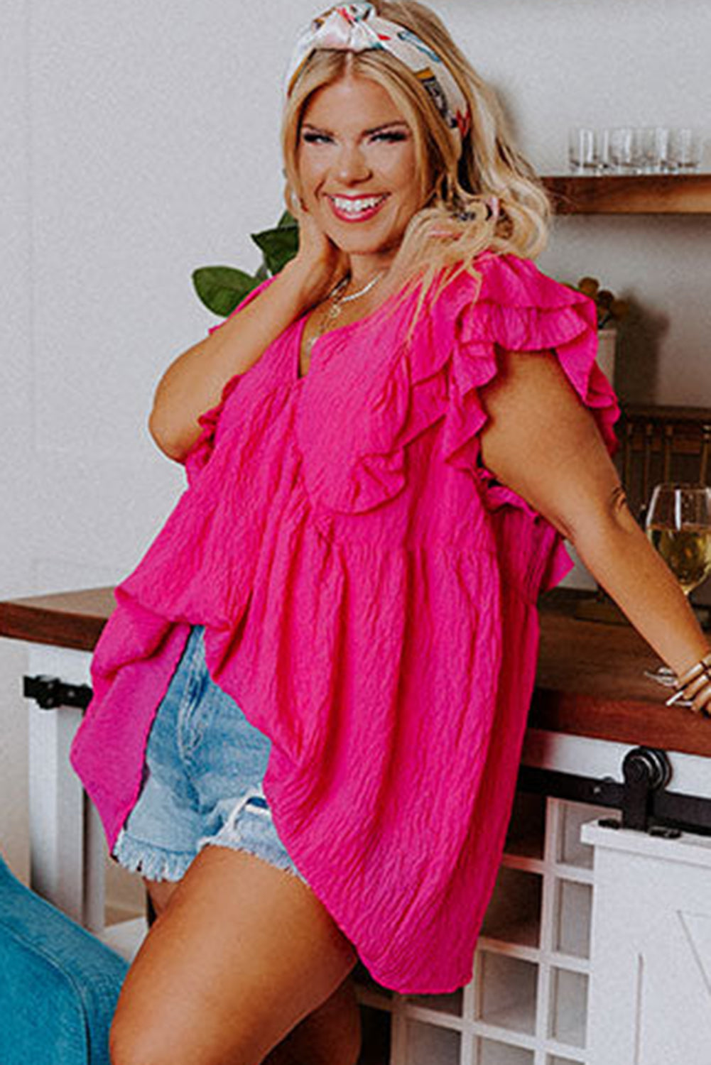 Pink Crinkle V Neck Tie Back Ruffle Plus Size Top