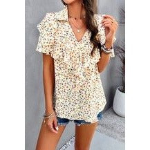 V Neck Heavy Ruffle Ditsy Print Collar Blouse