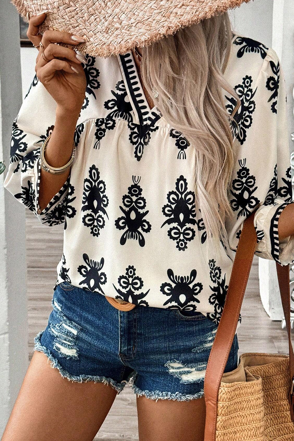 Orange Ethnic Abstract Print Puff Sleeve V Neck Blouse