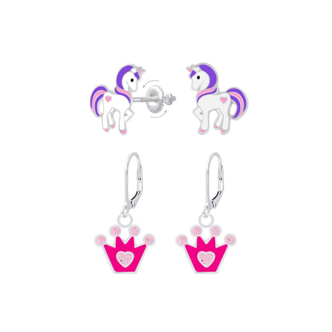 Silver Unicorn and Crown Earrings Set.