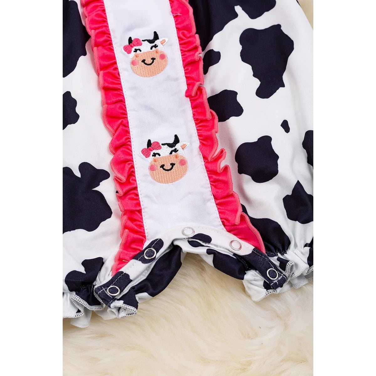 COW PRINTED BUBBLE BABY ROMPER WITH EMBROIDERED COWS