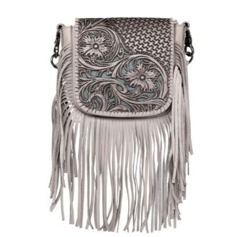 RLC- -BR Montana West Genuine Leather Tooled Collection Fringe Crossbody