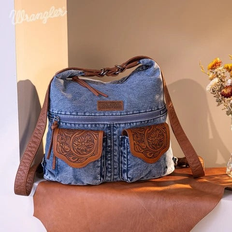 Convertible hobo, backpack, crossbody made of denim jean and PU leather this convertible shoulder bag