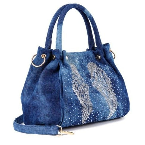 ANGEL WING DENIM BLING TOTE BAG