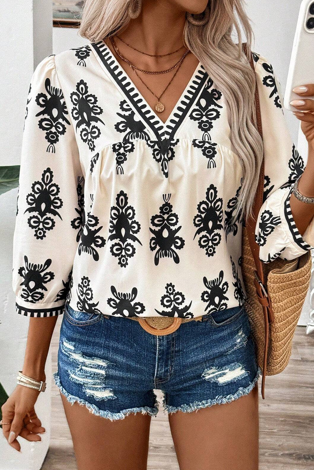 Orange Ethnic Abstract Print Puff Sleeve V Neck Blouse