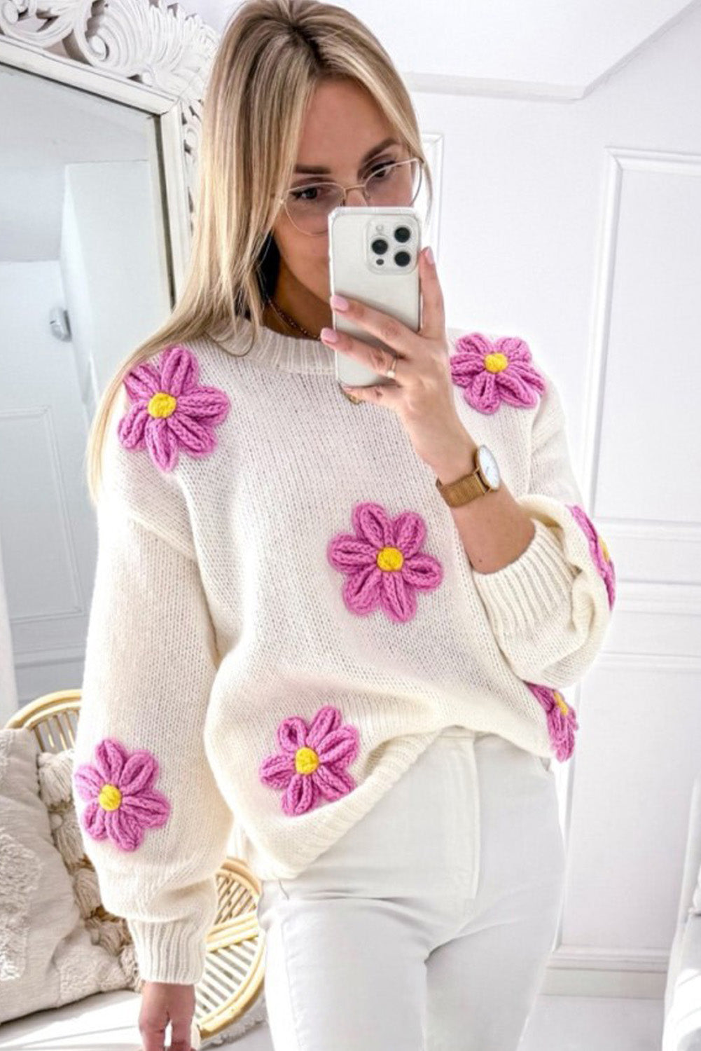 White Plus Size 60s Flower Drop Shoulder Knit Sweater