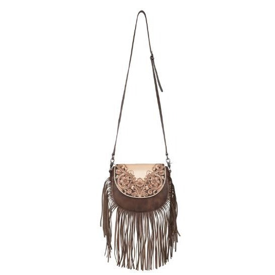 Montana West 100% Genuine Leather Hand Tooled Fringe Saddle Bag