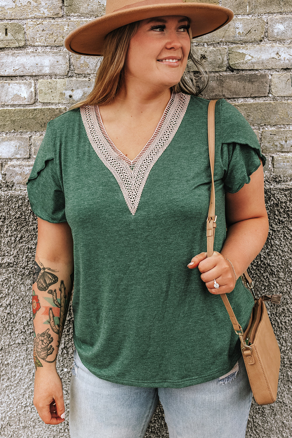 Blackish Green Plus Size Contrast V Neck Draped Sleeve Blouse