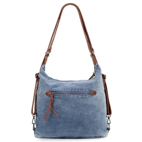 Convertible hobo, backpack, crossbody made of denim jean and PU leather this convertible shoulder bag