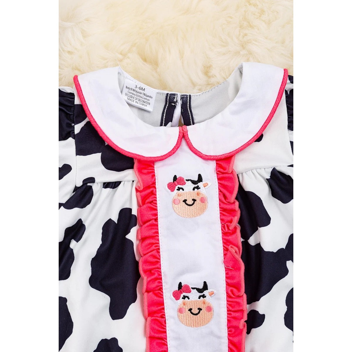 COW PRINTED BUBBLE BABY ROMPER WITH EMBROIDERED COWS