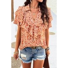 V Neck Heavy Ruffle Ditsy Print Collar Blouse