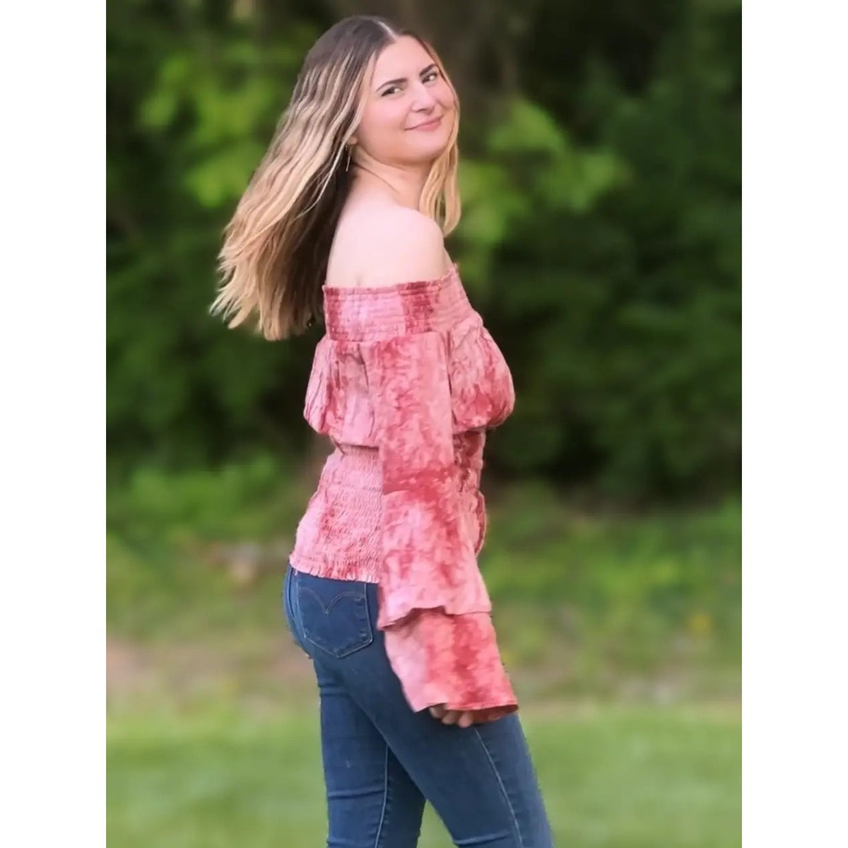 Tie-dye. off-shoulder top flare sleeves with smocking neck & waist