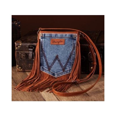 Wrangler Leather Fringe Jean Denim Pocket Crossbody