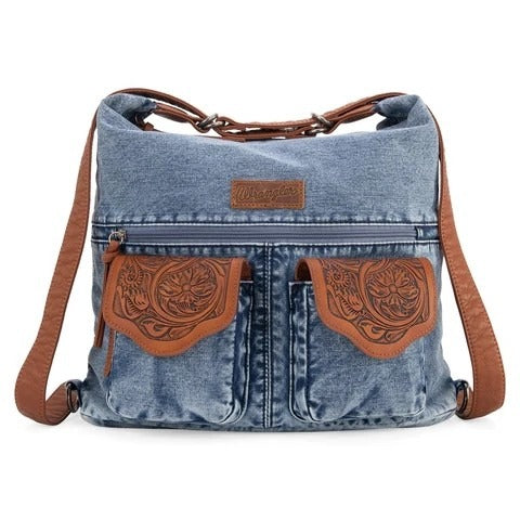 Convertible hobo, backpack, crossbody made of denim jean and PU leather this convertible shoulder bag