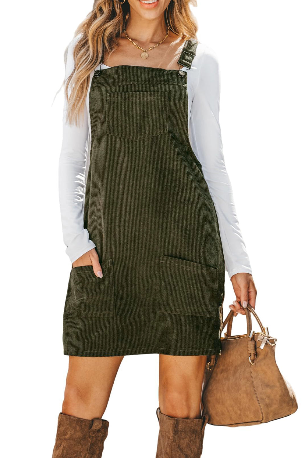 Vineyard Green Corduroy Front Pockets Overall Dress