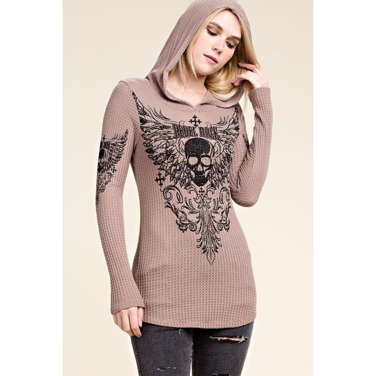 HODDIE LONG SLEEVE TOP WITH SKULL AND WINGS