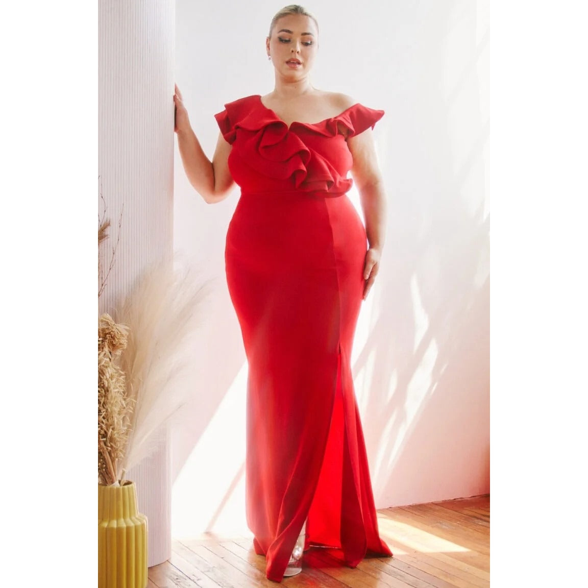 DOUBLE RUFFLE ONE SHOULDER PLUS SIZE MAXI DRESS