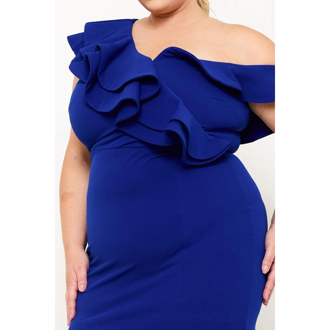 DOUBLE RUFFLE ONE SHOULDER PLUS SIZE MAXI DRESS