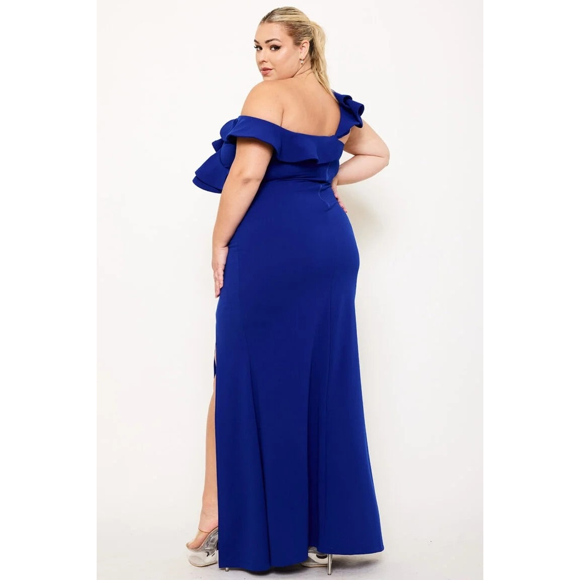 DOUBLE RUFFLE ONE SHOULDER PLUS SIZE MAXI DRESS