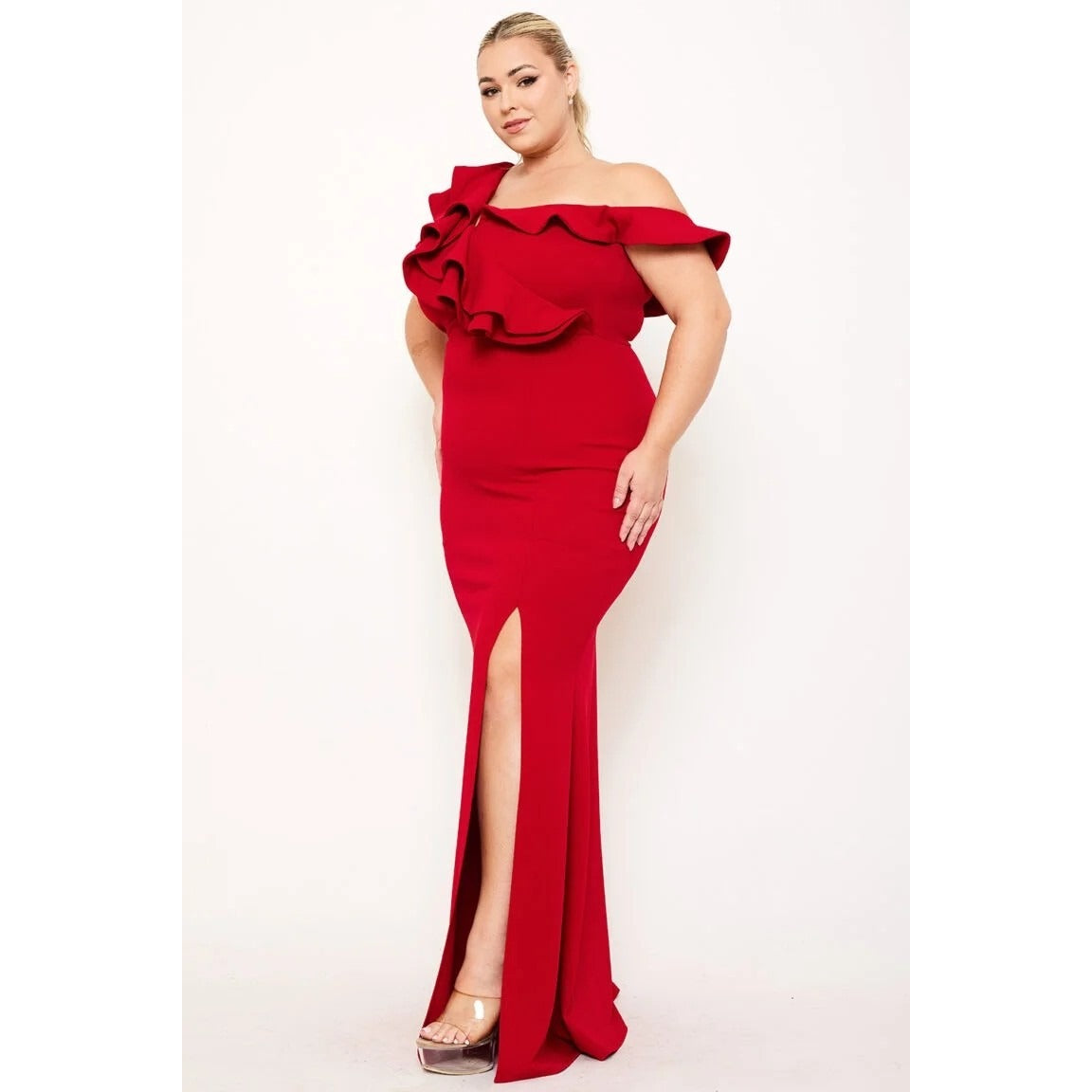 DOUBLE RUFFLE ONE SHOULDER PLUS SIZE MAXI DRESS