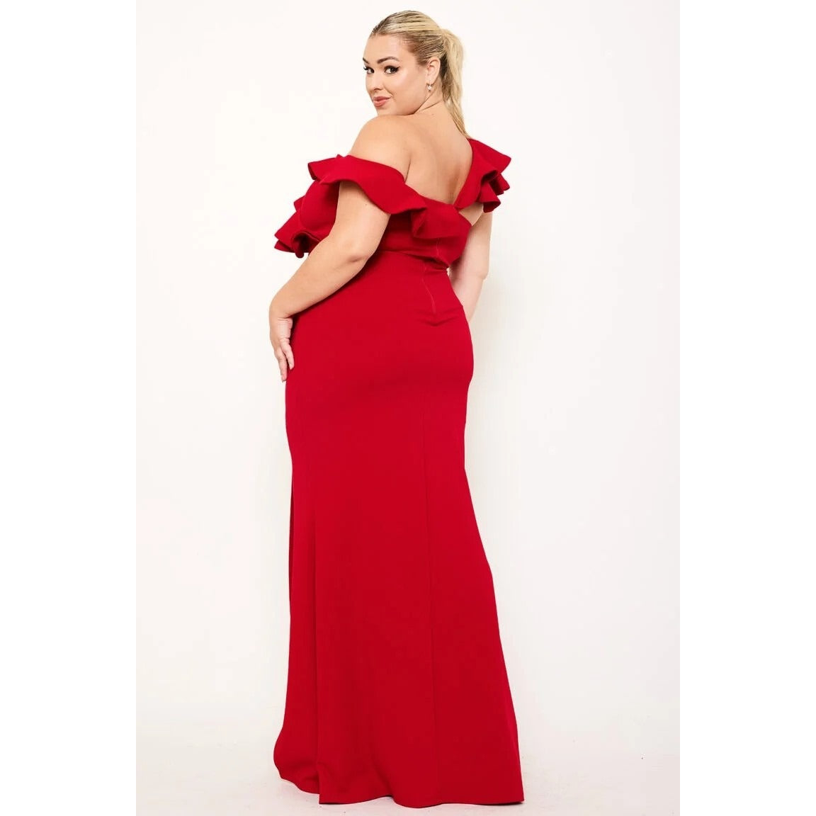 DOUBLE RUFFLE ONE SHOULDER PLUS SIZE MAXI DRESS