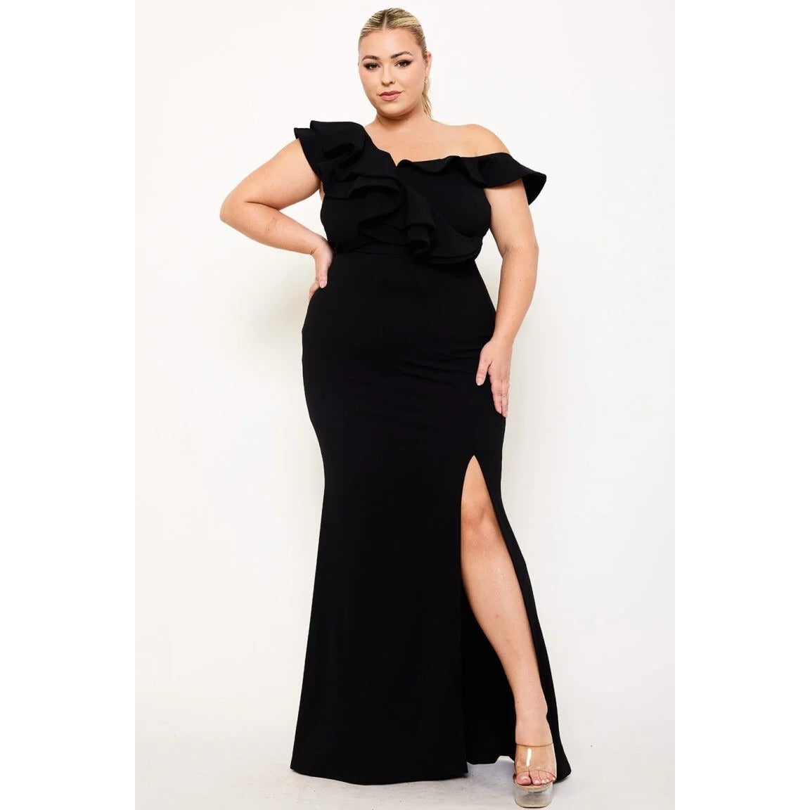 DOUBLE RUFFLE ONE SHOULDER PLUS SIZE MAXI DRESS