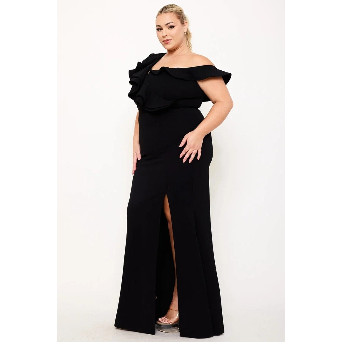 DOUBLE RUFFLE ONE SHOULDER PLUS SIZE MAXI DRESS